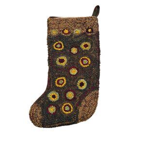 Primitive Wool Hand Hooked Penny Rug Pattern Plaid Backing Christmas Stocking